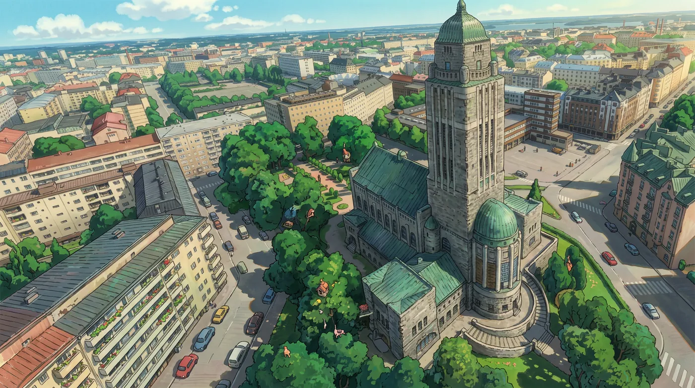 Painted postcard of Kallio, Helsinki, seen from the air