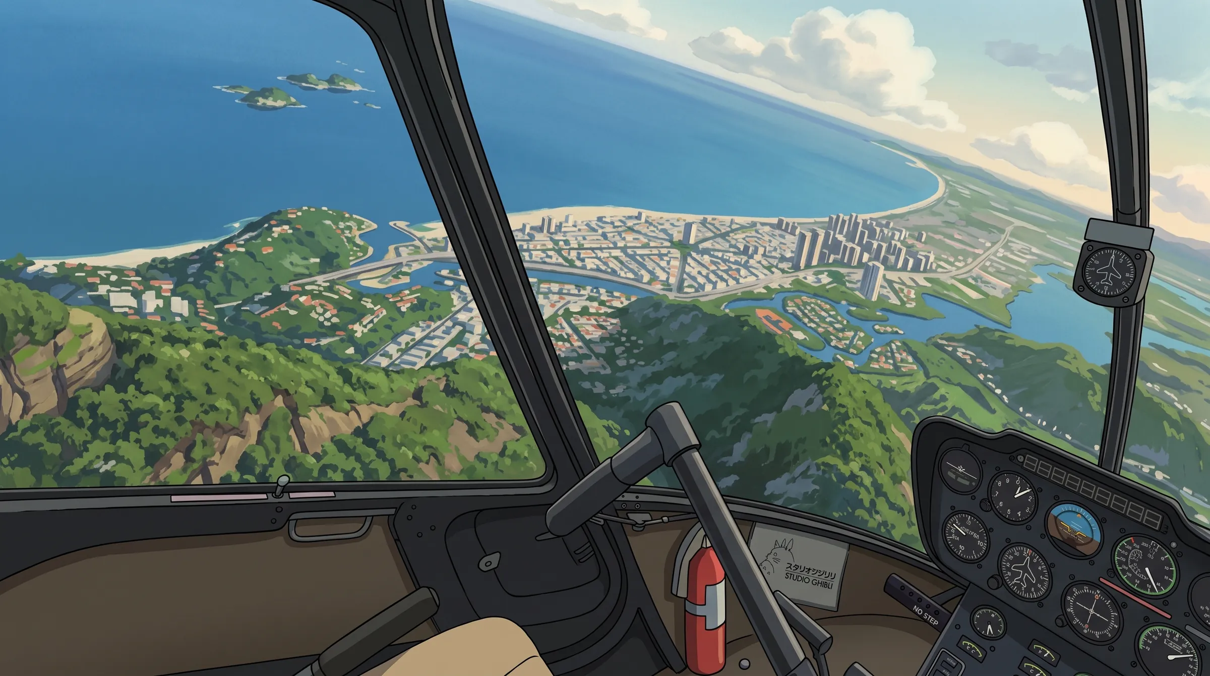 Painted postcard: the view from a helicopter cockpit over the coast of Rio de Janeiro