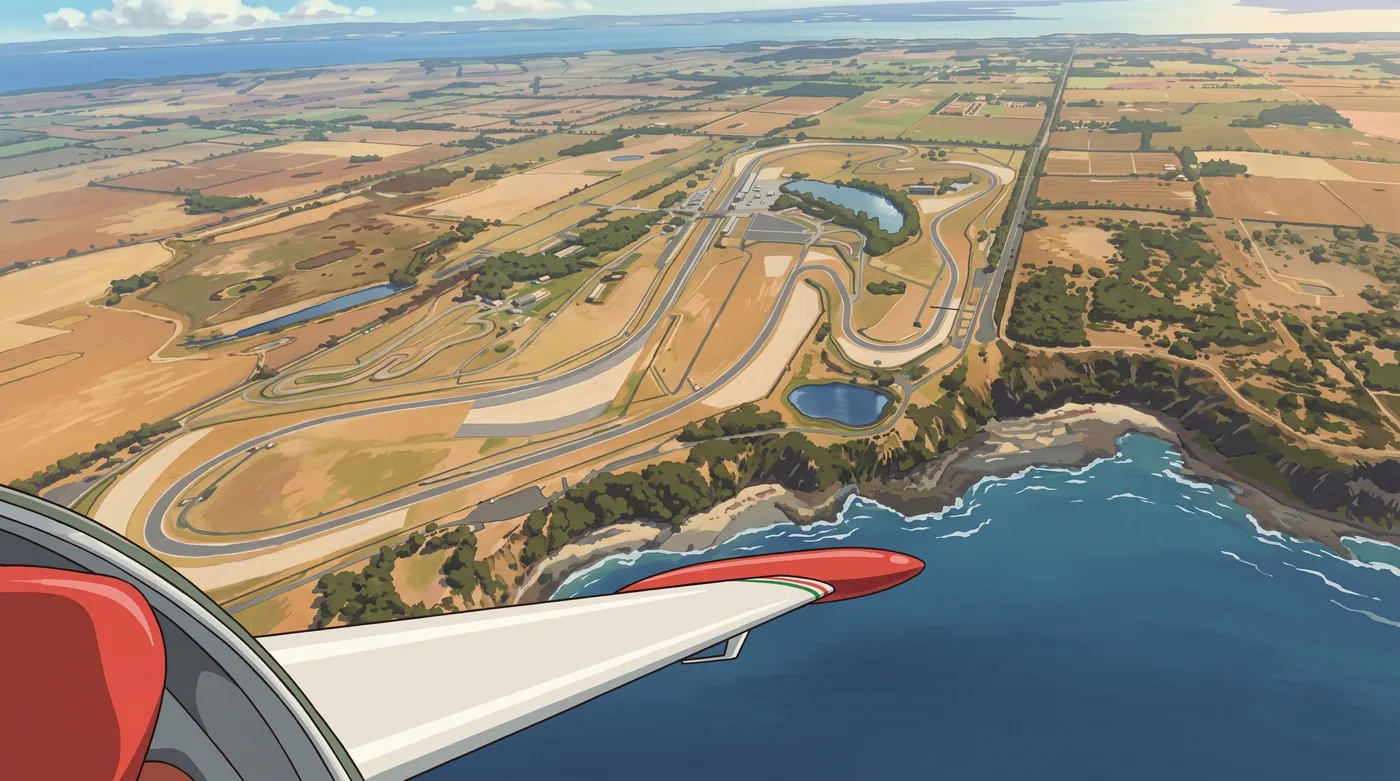 Painted postcard of Smiths Beach, Victoria, with an aircraft wing in view