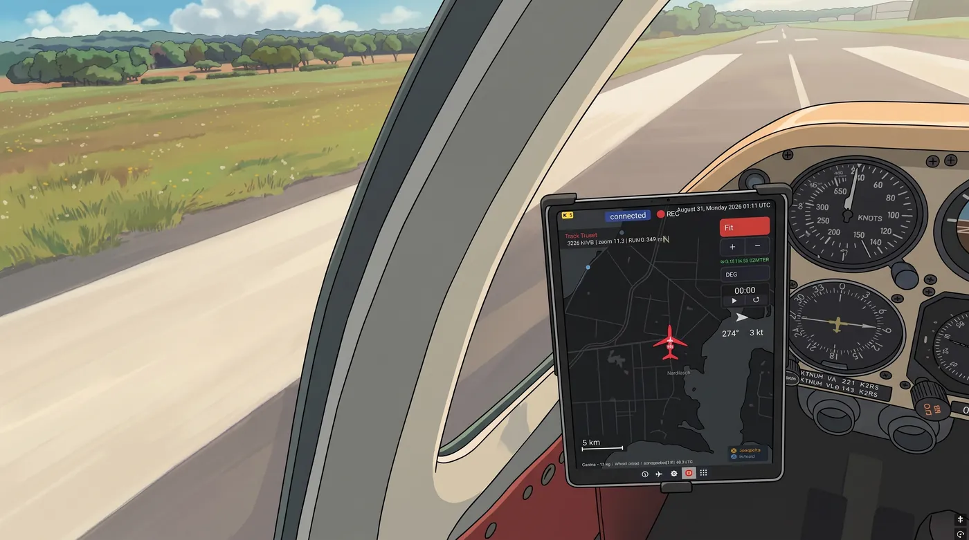 Painted postcard: the Track73 map on the cockpit tablet, lined up on the runway at Tyabb, Victoria